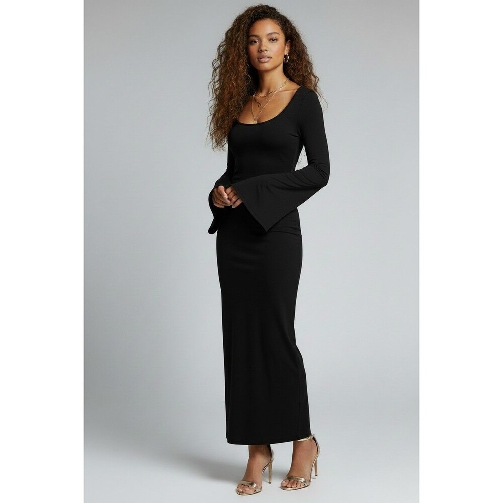 Asos Minimalist Super Scoop Maxi Dress Womens 4 Black Flute Sleeve Bodycon Goth